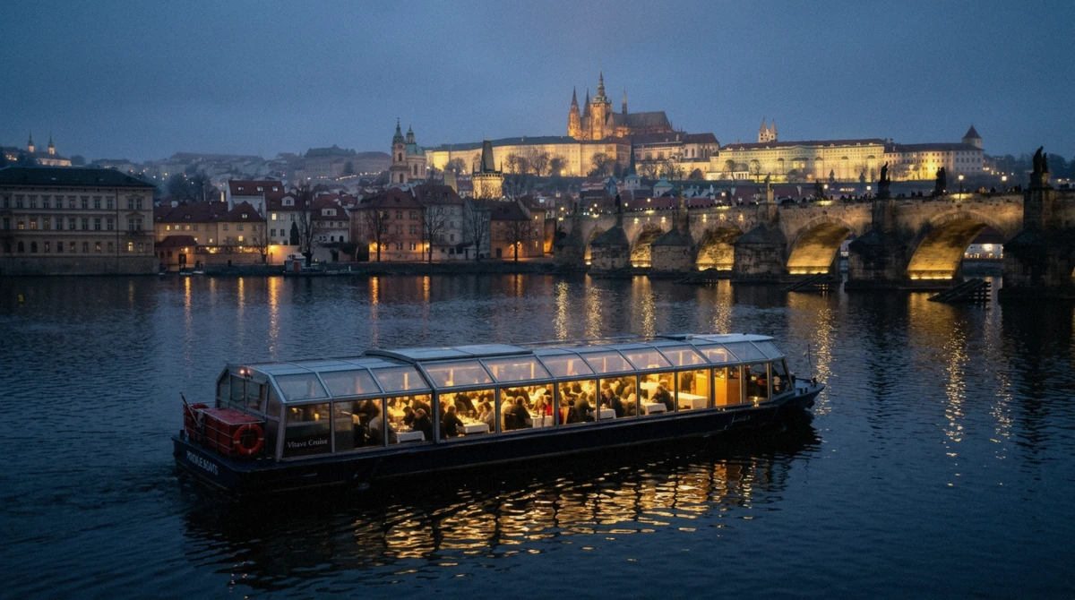A glass-roofed river boat lit from inside on the Vltava at blue hour, Charles Bridge and Prague Castle behind