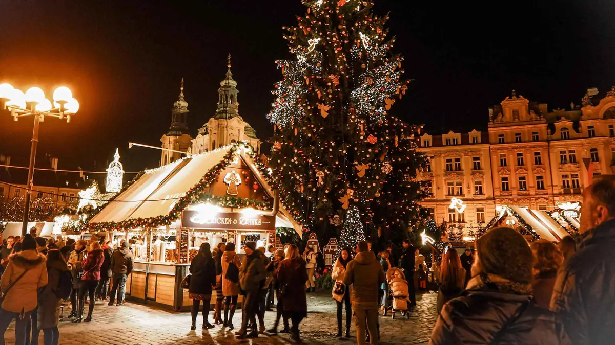 Kampa Island riverside with a Christmas market and Charles Bridge in the background