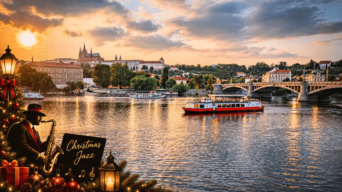 A Vltava river boat passing Charles Bridge on a winter day