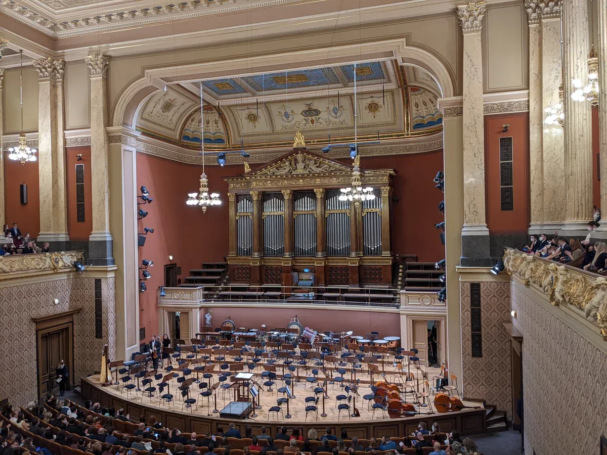 Dvořák Hall in the Rudolfinum with an orchestra on stage and the organ behind