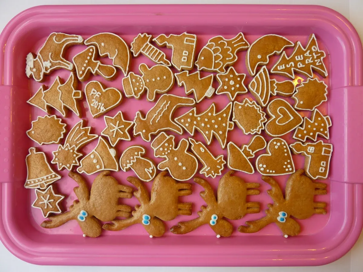 Tray of iced Czech Christmas gingerbread cookies in festive shapes