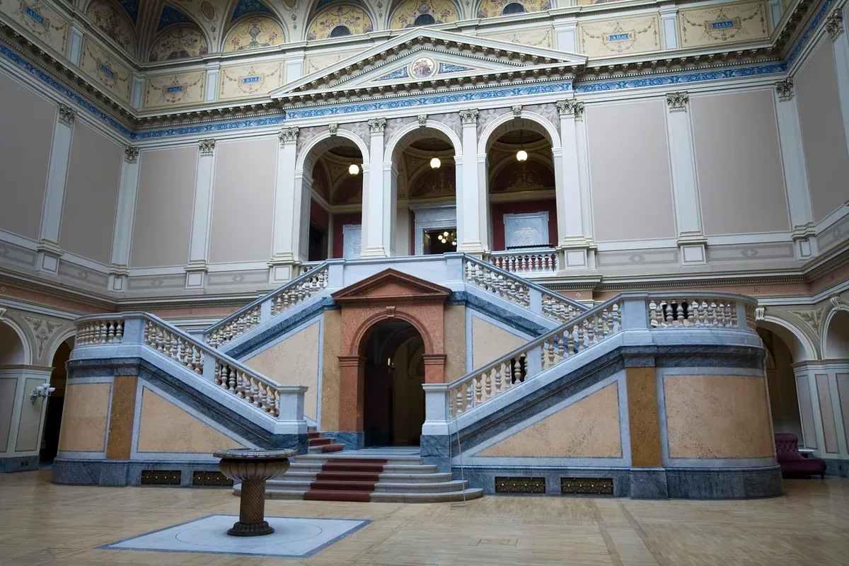 Grand staircase hall inside the Rudolfinum in Prague